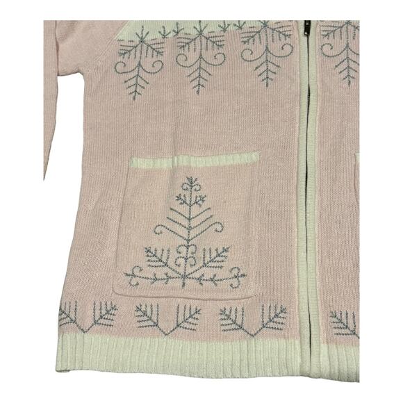 NWT Stiches In Time Pink, white, zipper Cardigan w snowflakes & gems size Large - Picture 5 of 13